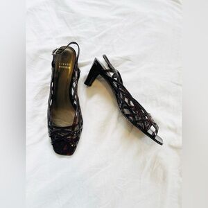 Stuart weitzman sz 8 tortoise color patent letter open toe sandals, org $295+
